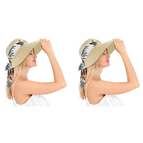 PALAY® Womens Straw Hat for Summer Wide Brim Sun Hats with Print Ribbon Fashion Beach Ladies Beige UV Protection Cap Lightweight Breathable 2 PCS PALAY® Womens Straw Hat for Summer Wide Brim Sun Hats with Print Ribbon Fashion Beach Ladies Beige UV Protection Cap Lightweight Breathable 2 PCS